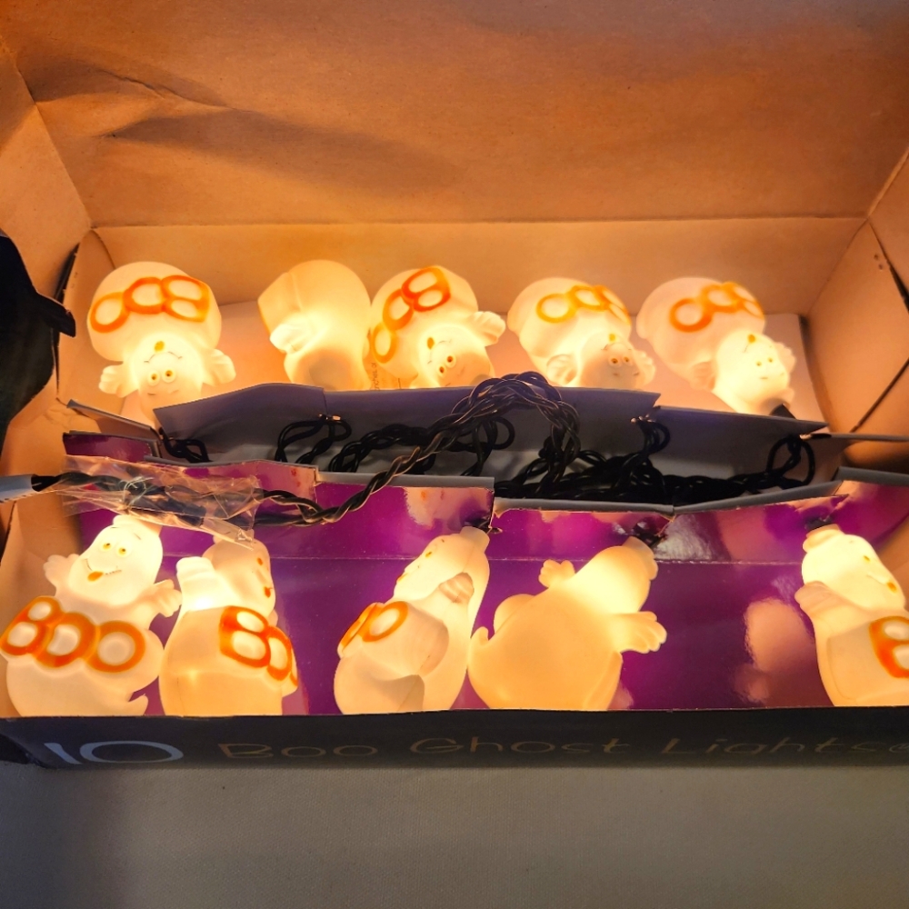 Vintage Halloween 10 Boo Ghost Blinking Indoor String Light Cover Blow Mold NOS